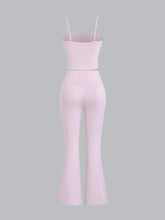 Women Solid Color Flower Decorated Pleated Cami Top And Flared Leg Pants Set, Suitable For Summer